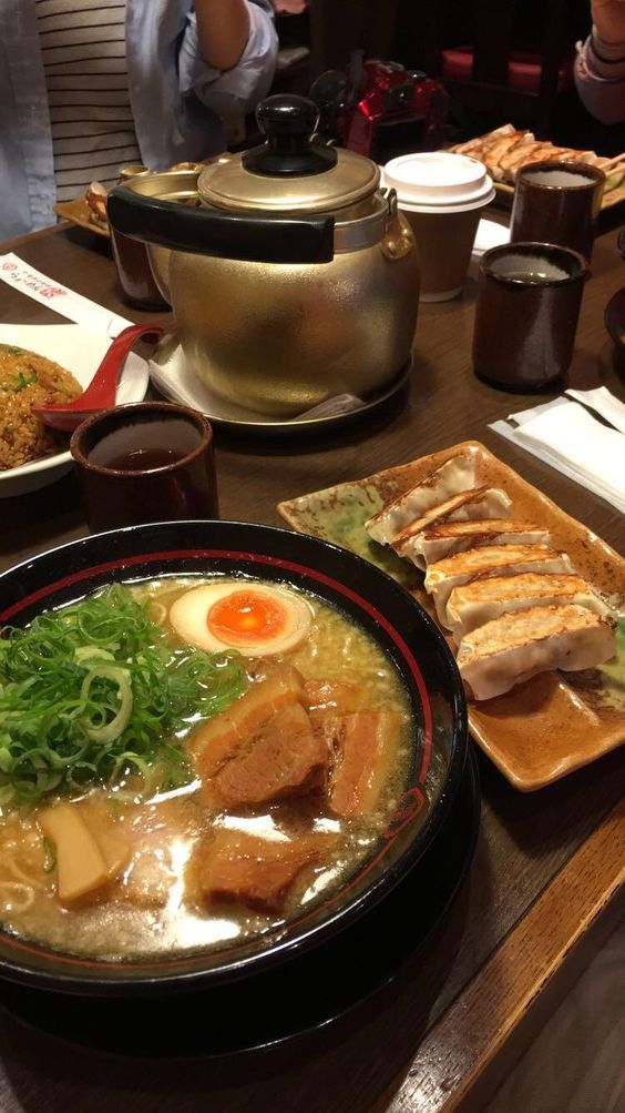 Satsuma ramen in Kyoto with gyoza (dumplings) and chilled green tea