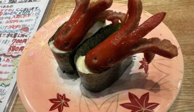 Cute sushi I ate at a conveyor belt sushi restaurant in Kyoto (It’s a hot dog wiener)