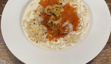 Pasta with sea urchin, ikura, and crab. Super fresh seafood in Otaru, Hokkaido