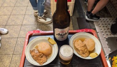 Tofu & Oden with a beer, eaten from a stack of crates as the bar was full at 8am. Cheap & delicious. Nonkiya, Osaka.
