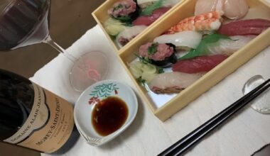 Friday night takeout sushi with some red wine