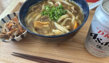 My monthly two-pot batch of curry in its inevitable beef udon form