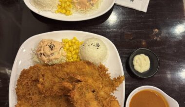 Carbonara curry pork loin curry, fried shrimp, fish cutlet & pork cutlet katsu and 8 oz. hot sake at Brown Donkatsu in Toronto