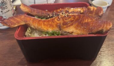 Japanese Culinary Delight: Grilled Salmon Donburi and Traditional Tea & Sake Set