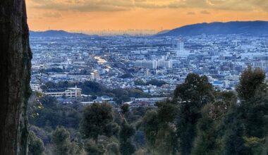 Sunset view of Kyoto and Osaka above Kiyomizu-dera.