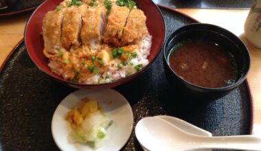 katsudon and akadashi miso soup　 A dish consisting of a breaded and deep-fried pork cutlet (tonkatsu) served over rice, topped with a sweet dashi soy sauce and eggs.　akadashi miso soup