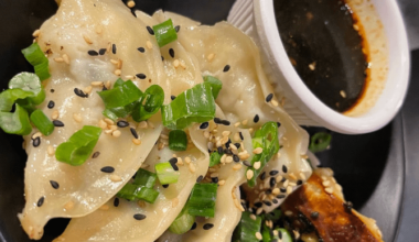 my gyoza, garnished with sesame seeds and green onions, served with a small bowl of dipping sauce ~
