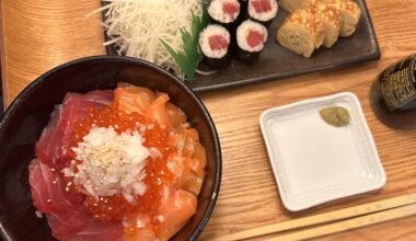 Sushi for lunch. My wife’s father had a neighborhood sushi restaurant at the first level of their house in Saitama. My wife would wake up at 3 am before elementary school and go to Tsukiji with her father while he bought fish for the day. She said the vendors would give her samples.