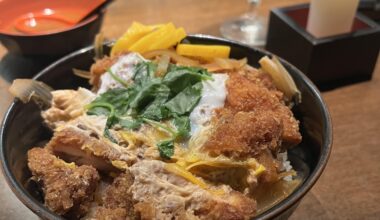 Pork Katsu Don, Miso soup and sake shot. Takahashi NYC