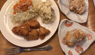 Karaage lunch. The back right is with onions and ponzu, the front right is with ground daikon and ponzu.