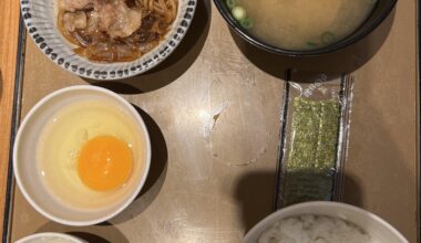Rice and soup and raw egg for breakfast in Kyoto