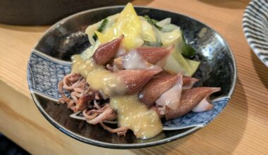 Firefly squid and green onions tossed in vinegared miso.