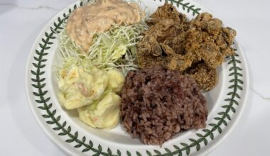 3rd attempt chicken kaarage with potato salad, purple rice, and cabbage with Big Mac sauce 😆