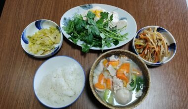 Tonjiru set meal for morning  (rice, tonjiru, kinpira, chicken ham, hakusai fried-tofu)