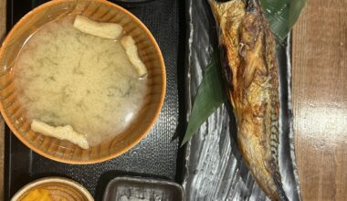 Mackerel grilled in a wood-burning stove, miso soup, natto and rice :)