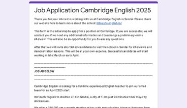 Cambridge English in Sendai looking for full-time teacher for April start