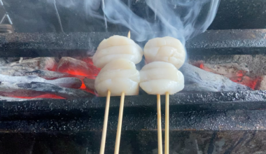 the sound of flavor. Hotate/Scallop skewer grilled over kishu bintchotan