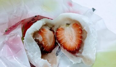 Ichigo Daifuku, a Japanese mochi (rice cake) sweet with a strawberry inside.
