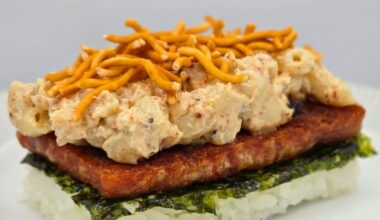 SPAM 25% less sodium, spicy tuna mac salad, Nanatsuboshi rice, roasted seaweed, Lee Kum Kee oyster sauce, and Baby Star soy sauce flavor crispy ramen snack