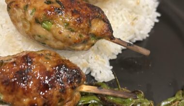 tsukune, blistered shishito peppers and simmered carrots and daikon