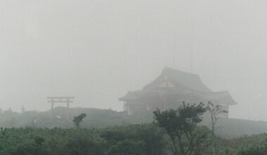 Misty shrine on a mountain