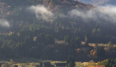 Shirakawa-go nestled between mountains