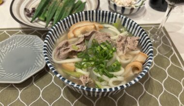 Made some niku udon and seasoned some okra with salt from my homemade umeboshi