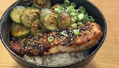 Teriyaki salmon donburi with Oi Muchim (Korean chili cucumber)