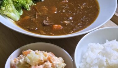 Tonight's dinner - beef curry with steamed broccoli and potato salad