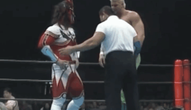 Jushin Thunder Liger & The Great Oz (Kevin Nash) celebrate after their win
