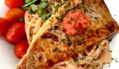 Mentaiko pasta with grilled salmon