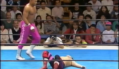 Flyin' Scorpio performs a perfect standing somersault legdrop on Masayoshi Motegi(1994)