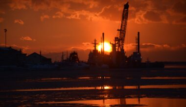 Sunset over the Port of Kushiro, Hokkaido, in winter