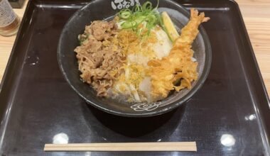 Beef and grated daikon cold udon with tempura🍤