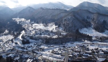 Looking down Yamadera, Yamagata Prefecture, in winter