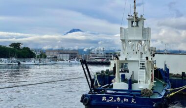 Mt Fuji peeking through the clouds from Numazu, Shizuoka.