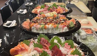 A few platters of rolls and sashimi
