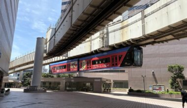 Monorail passing over department store roof