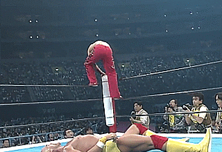 The Great Muta moonsaults a Real American.