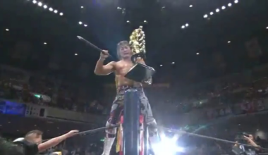 Tanahashi celebrates too hard and breaks the flag pole