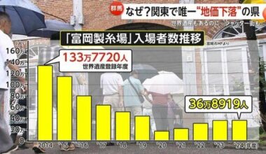 The number of visitors to the Tomioka Silk Mill, a UNESCO World Heritage site in Japan, has dropped to just 28% of its peak.