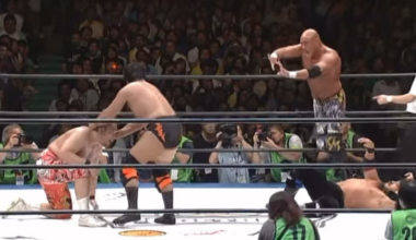 44 year old Kenta kobashi and 48 year old Mutoh do back to back moonsaults for charity