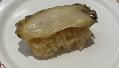 Abalone sushi from Sushiro, with red vinegared rice