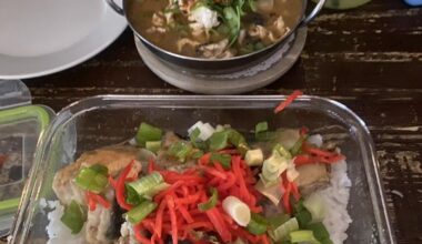 Homemade fried mackerel with green onion and pickled red ginger