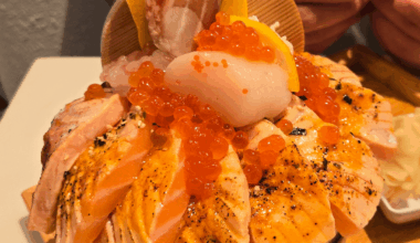 Gorgeous chirashi bowl with seared salmon, ikura, hotate, amaebi and tamago