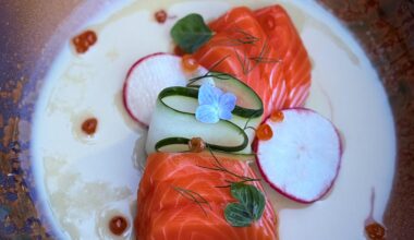 Homemade Salmon sashimi/roe in coconut/sesame emulsion
