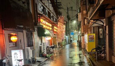 A Taishu Engeki theater in a rainy alley in Osaka [OC]