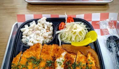 Chicken Curry Katsu and macaroni salad from the local Asian grocery food court