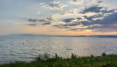 Sun setting on lake biwa