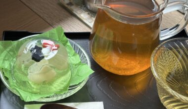Tea time. Cold hojicha tea and goldfish jelly. The jelly is a souvenir from Kyoto!